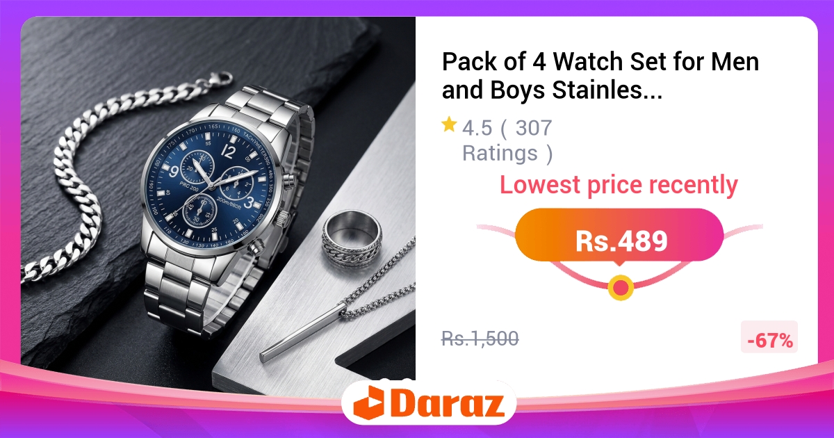 Pack of 4 Watch Set for Men - Stainless Steel Quartz with Chain Bracelet, Ring & Locket