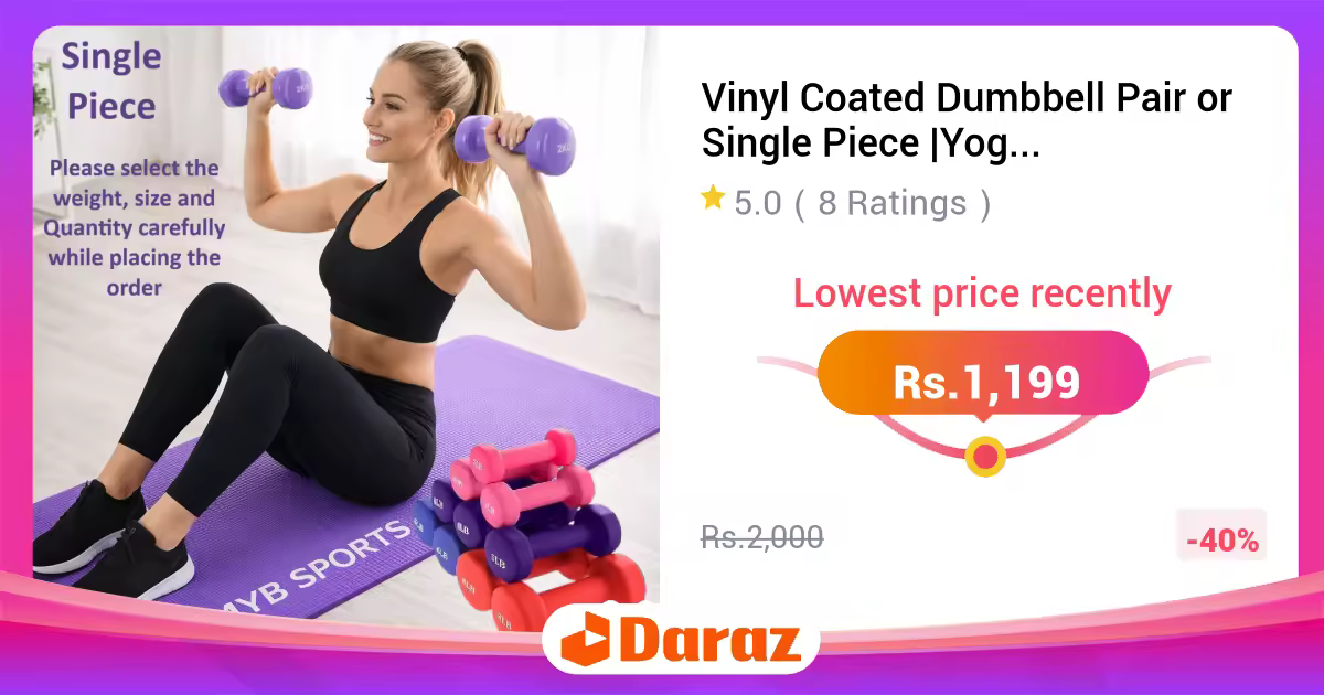 Vinyl Coated Dumbbell Pair or Single Piece | Yoga Dumbbells | Colorful Dumbbell | Home Gym Fitness Weight | Strength Training & Exercise Equipment for Men & Women