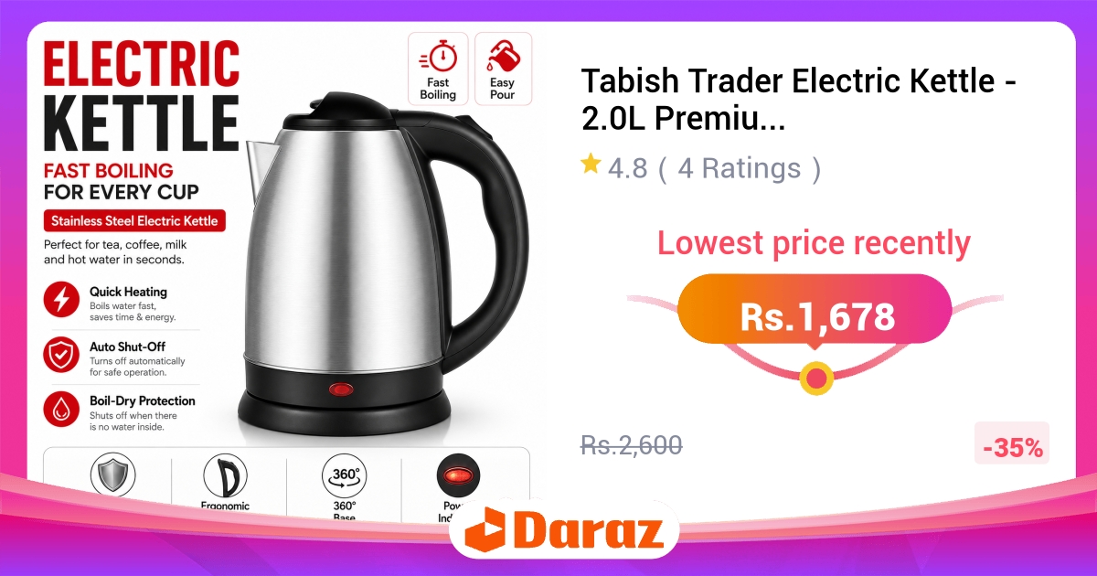Tabish Trader Electric Kettle 2.0L Stainless Steel Cordless