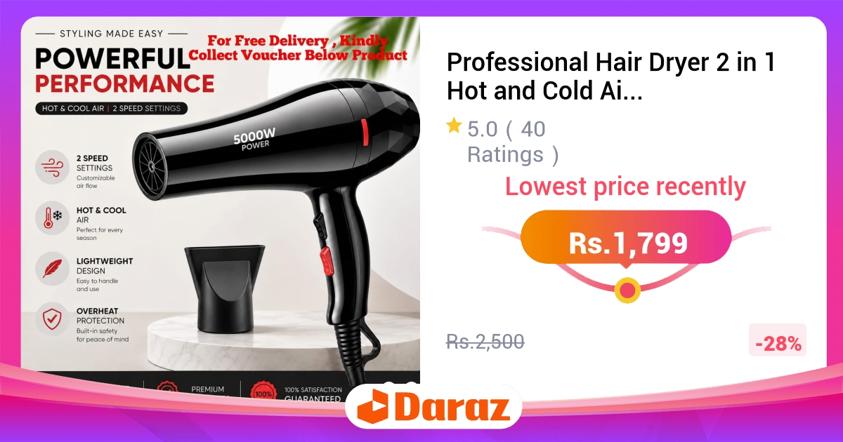 Professional Hair Dryer 2 in 1 - Hot & Cold Air, Ionic, Salon Quality