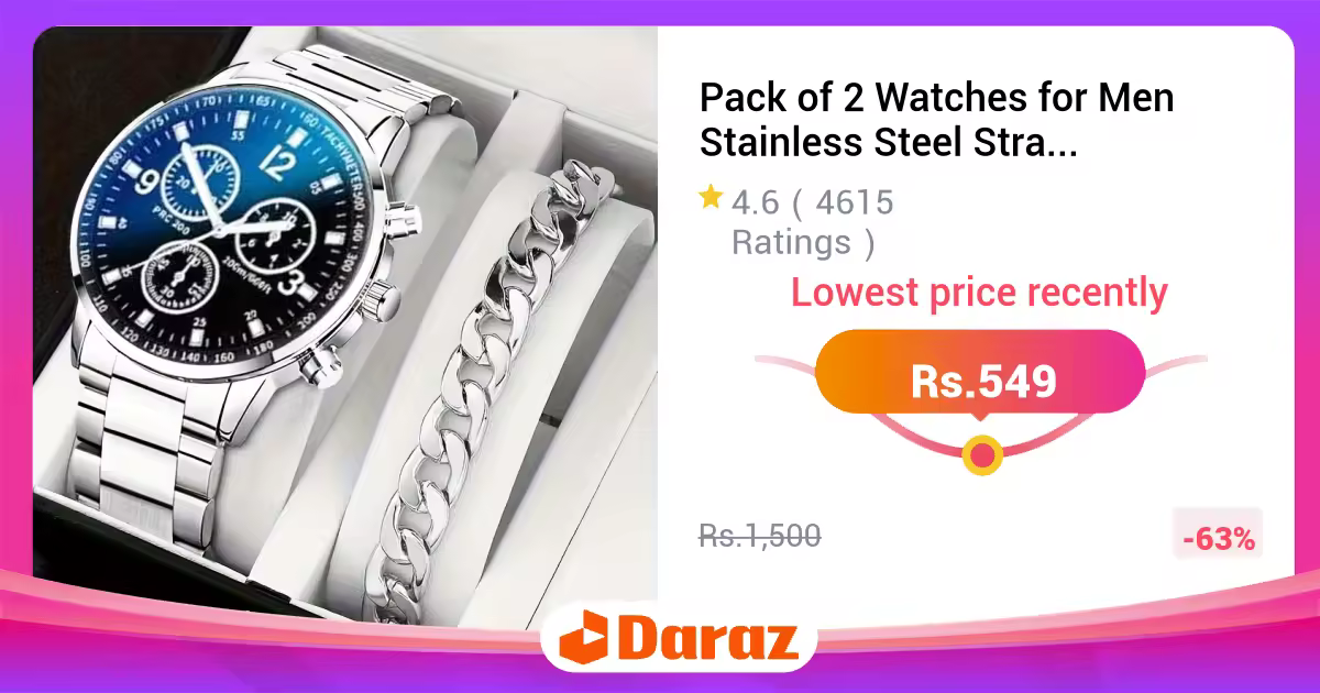 Pack of 2 Watches for Men Stainless Steel Strap Quartz Watch Business and Casual Style with Calendar and Luminous Dial Multiple Colors