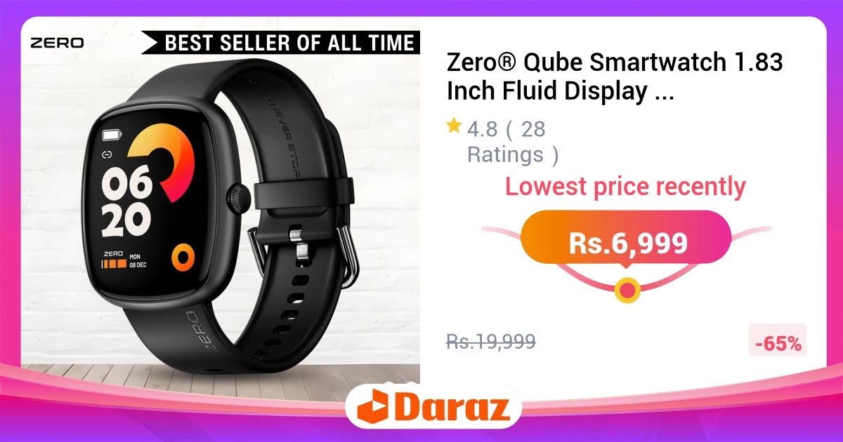 Zero Qube Smartwatch 1.83" Fluid Display - Bluetooth Fitness Tracker, 1 Year Warranty