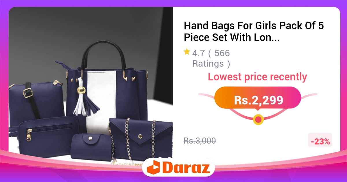 Hand Bags For Girls Pack of 5 Piece Set - Stylish with Long Strap, Multiple Colors