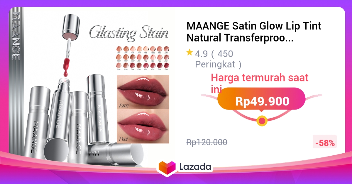 MAANGE Satin Glow Lip Tint Natural Transferproof Hydrating Lip Glossy Finish Tahan 24 Jam MG-L02
