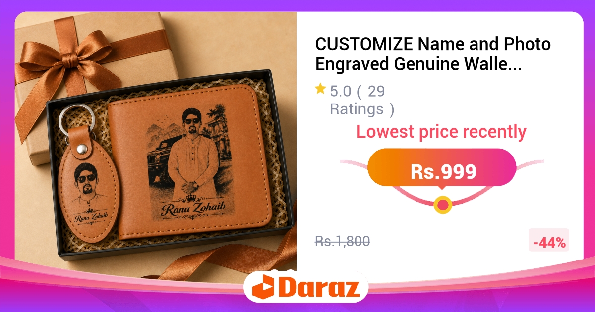 Customize Name and Photo Engraved Genuine Leather Wallet with Keychain
