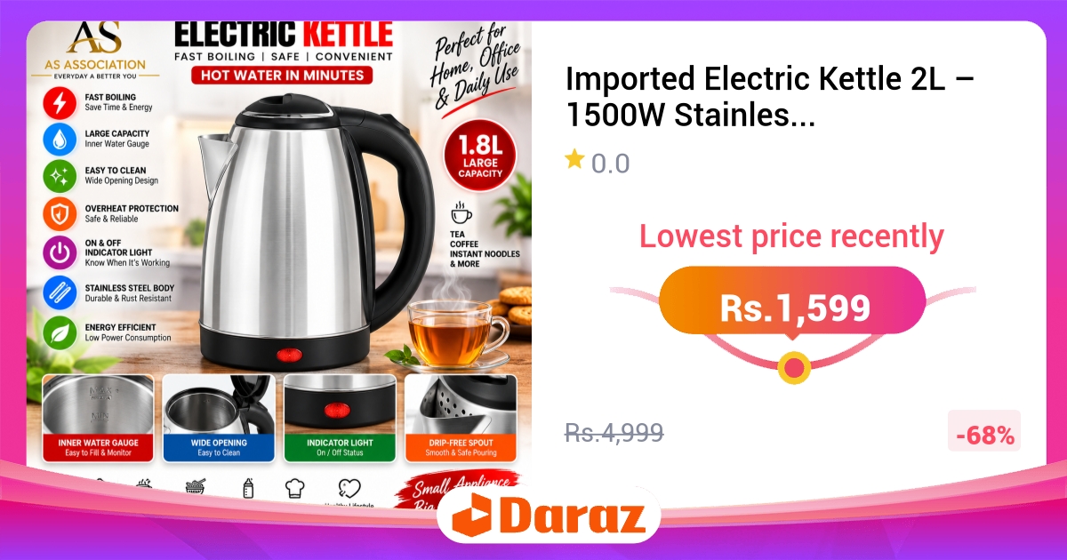 Imported Electric Kettle 2L 1500W Rapid Boil Auto Shut-Off