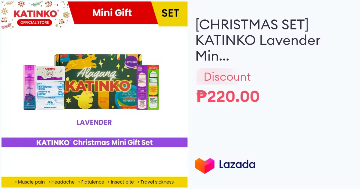 Check out [CHRISTMAS SET] KATINKO Lavender Mini Gift Set - Lavender Oil Liniment, Oil Liniment 10ml, Soft White 10g, Bar Soap and AlcoLavender 12ml. Get it on Lazada now!