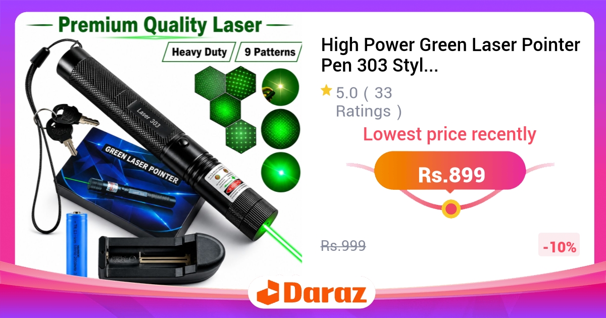 High Power Green Laser Pointer Pen 303 - Rechargeable, Long Range