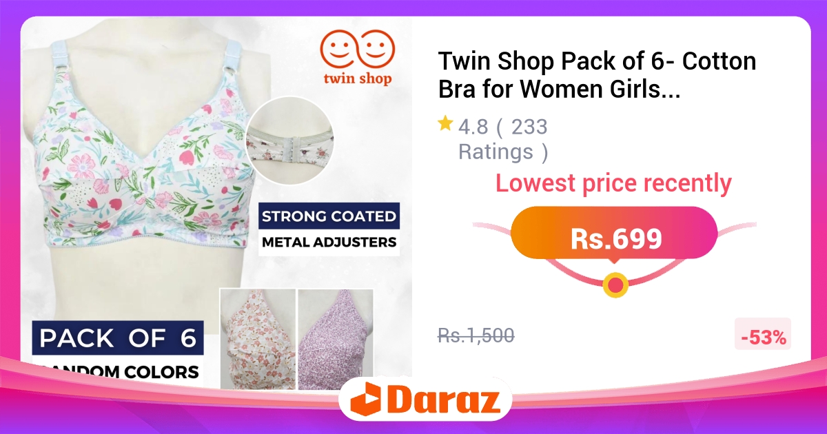 Twin Shop Pack of 6 Cotton Bra - Non Padded for Women & Girls