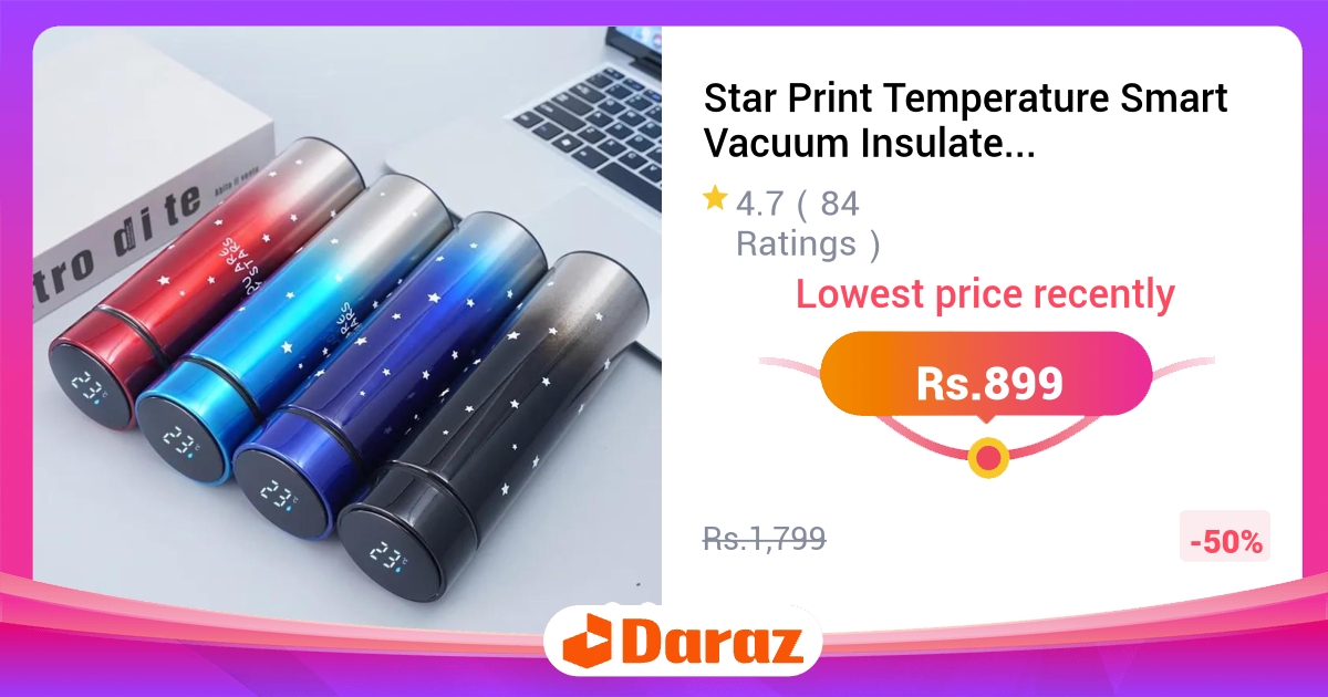 Star Print Temperature Smart Thermos 500ml - LED Display, Stainless Steel