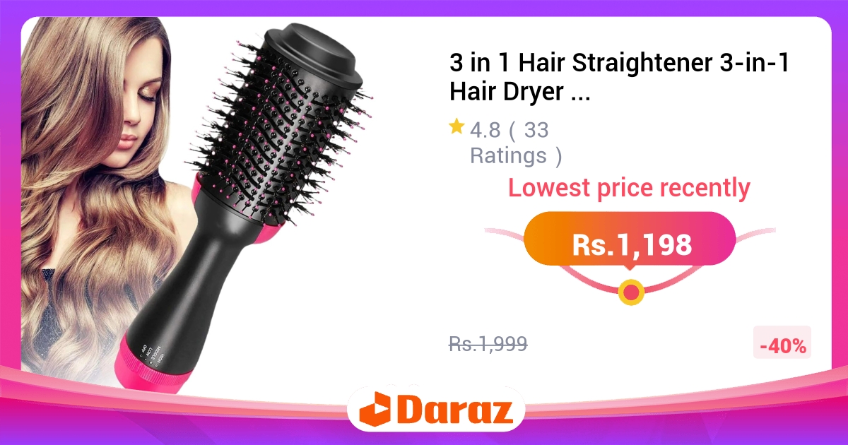 3 in 1 Hair Straightener & Dryer Brush - Powerful Airflow, Volumizer