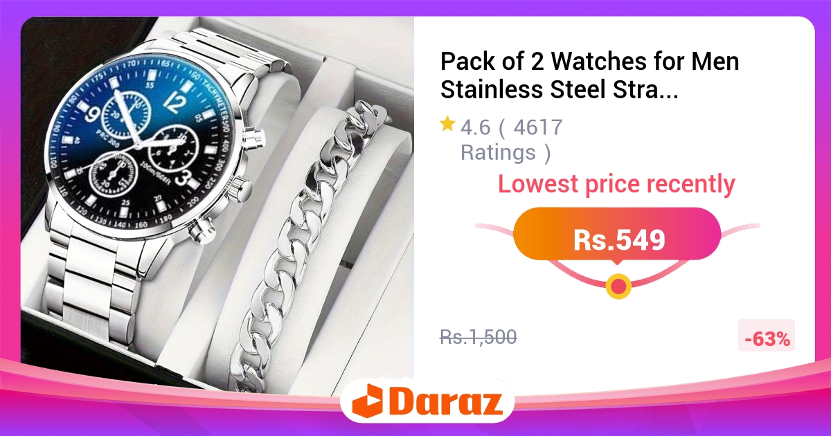 Pack of 2 Watches for Men - Stainless Steel Strap, Quartz, Luminous Dial