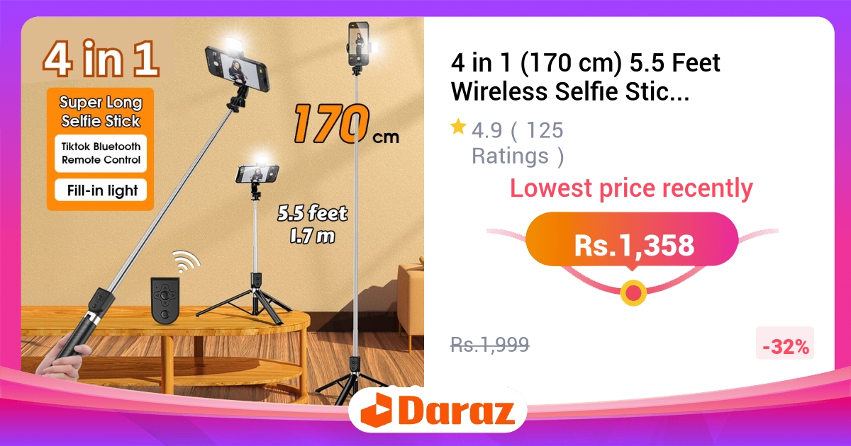 4 in 1 Wireless Selfie Stick Tripod with LED Light Bluetooth
