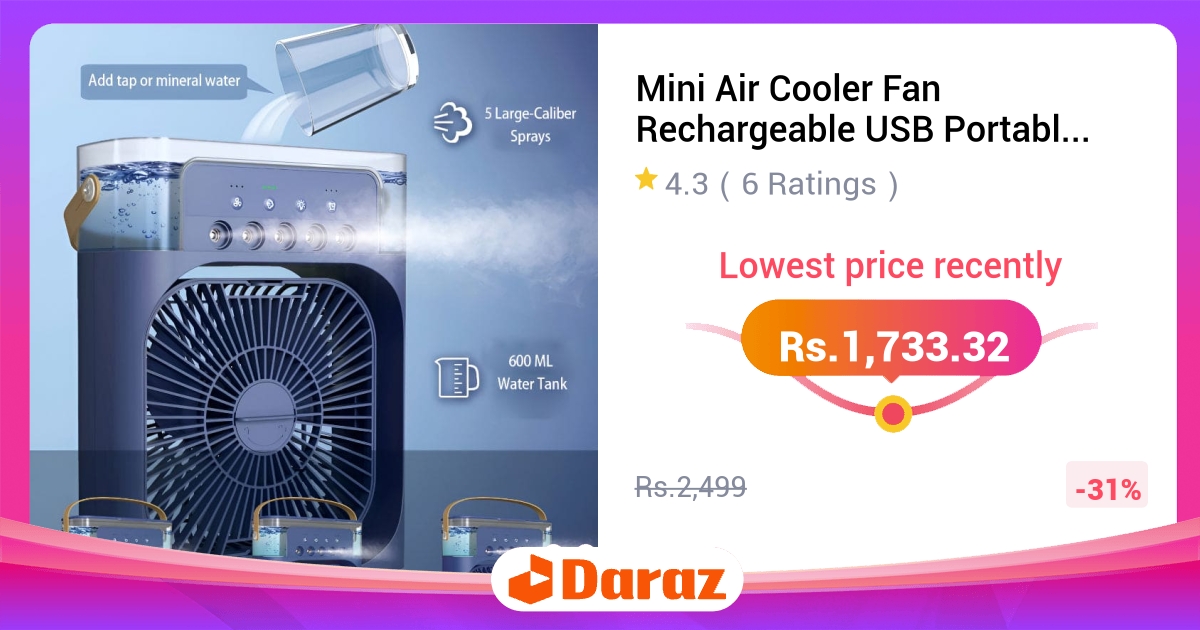 Mini Air Cooler Fan Rechargeable USB with Water Mist