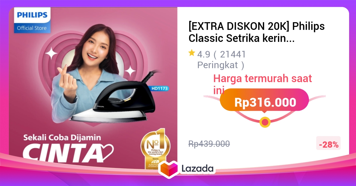 [EXTRA DISKON 20K] Philips Classic Setrika Kering HD1173/80 - Hitam, Anti-Baret