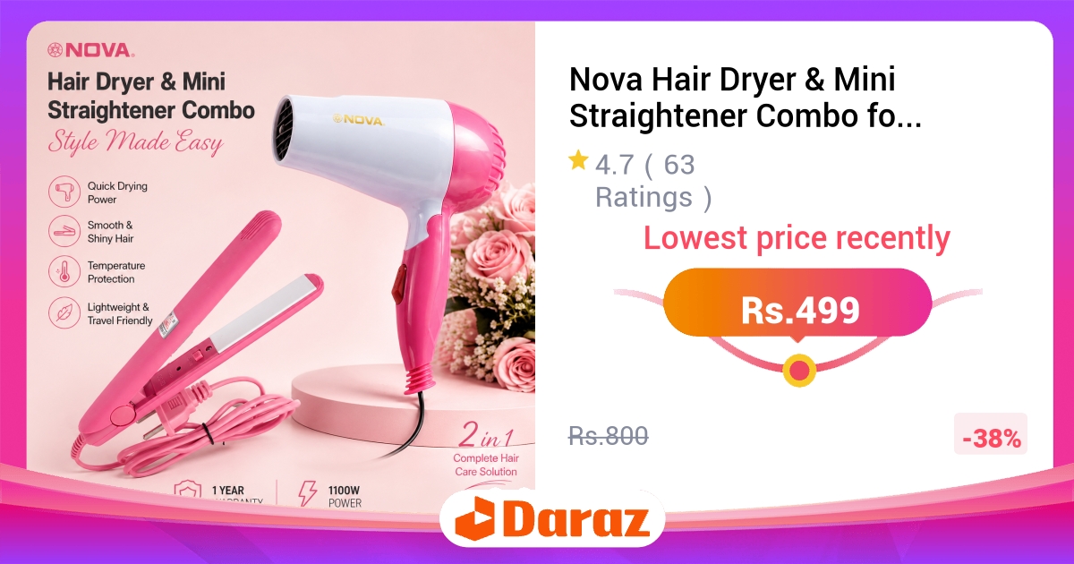 Nova Hair Dryer & Mini Straightener Combo - 2 in 1 Styling Kit