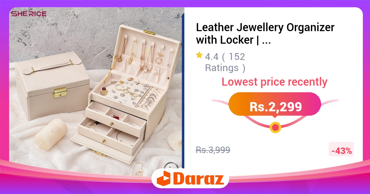 Leather Jewellery Organizer with Locker - 3 Layers Drawers, Vanity Hanger Stand