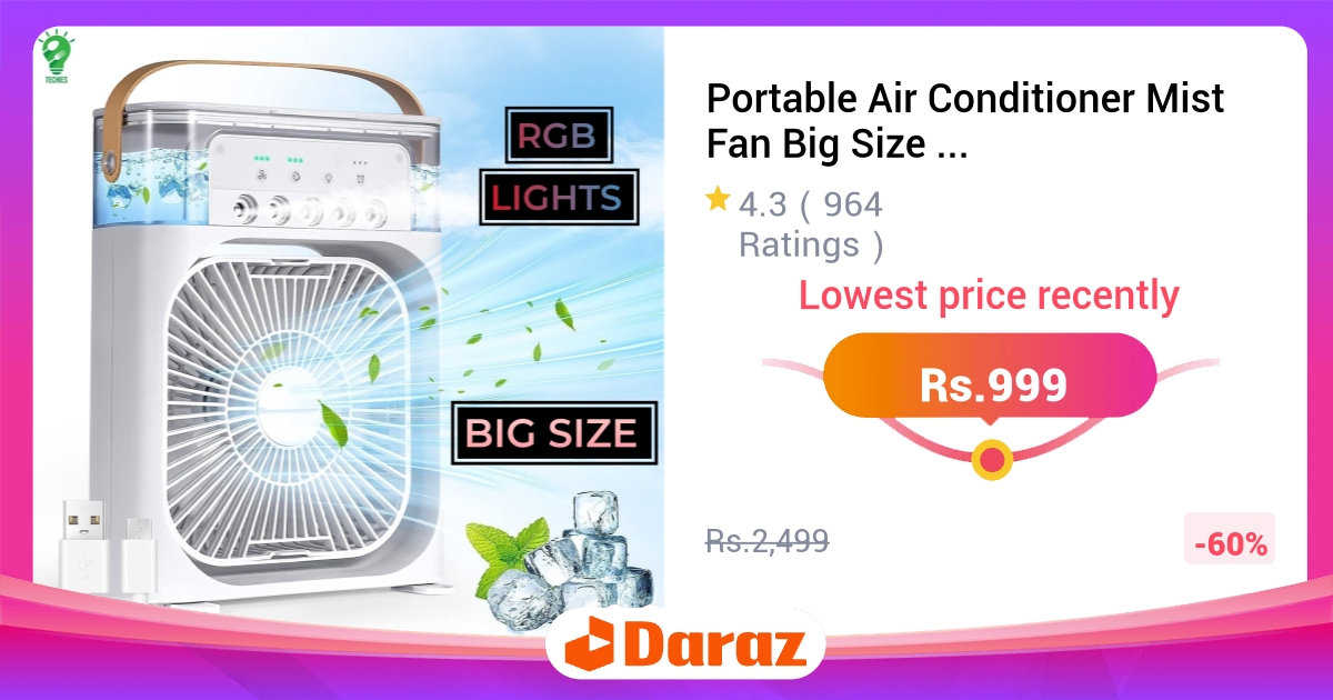Portable Air Conditioner Mist Fan 3-in-1 Mini AC 10 inches