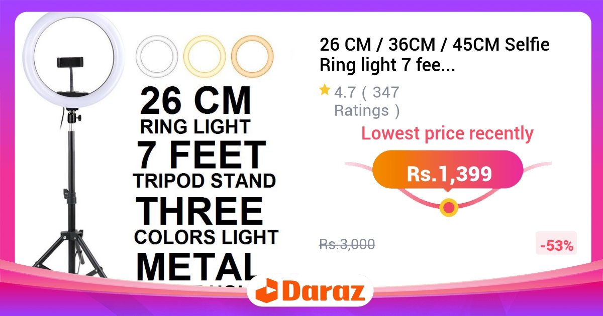 Selfie Ring Light 7 Feet Tripod Stand 3 Shades Adjustable