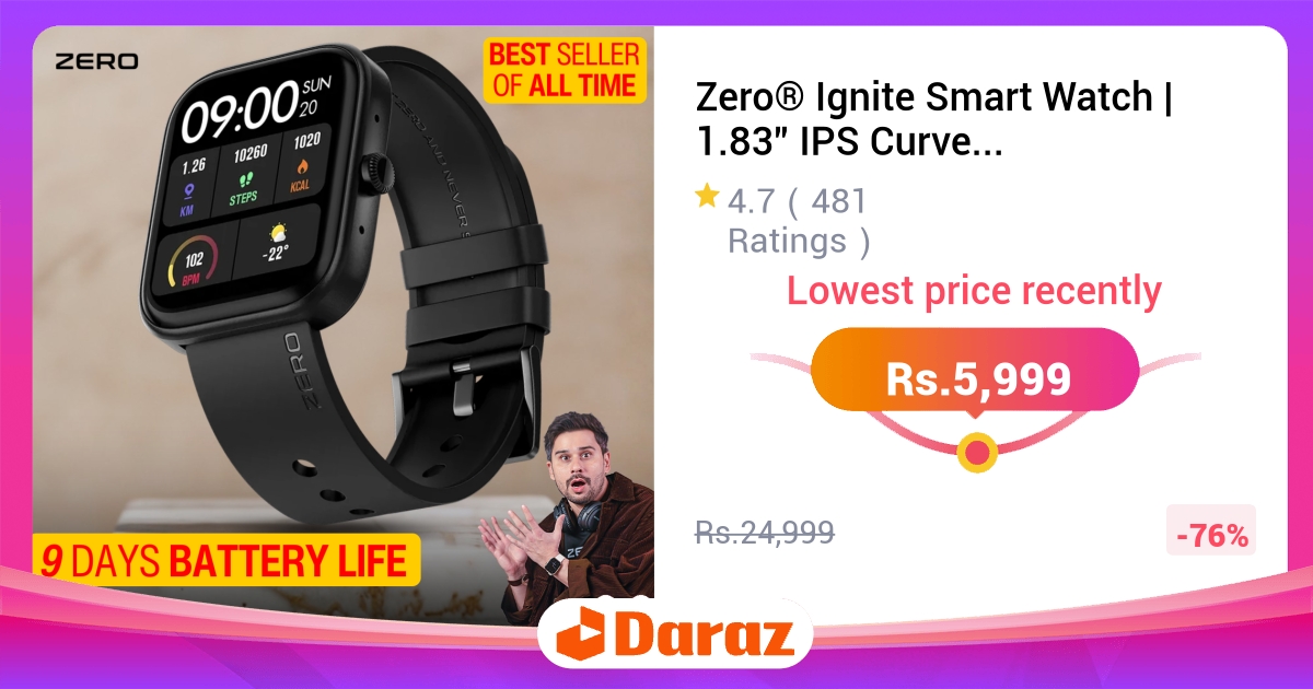 Zero Ignite Smart Watch - 1.83" IPS Curved, Calling, 100+ Faces, IP67, SpO2