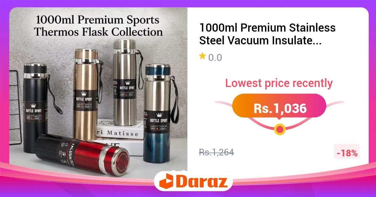 Premium Stainless Steel Vacuum Insulated Sports Flask 1000ml - Double Wall with Strap