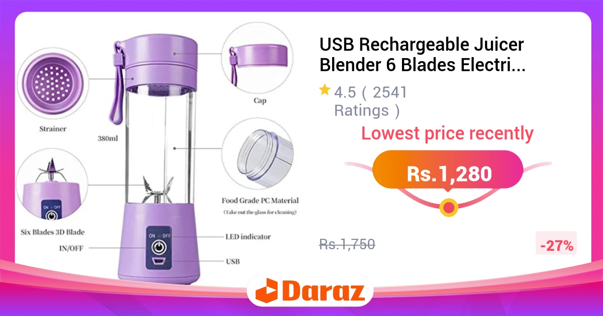 USB Rechargeable Juicer Blender 6 Blades - Mini Portable 380ml Fruit Mixer
