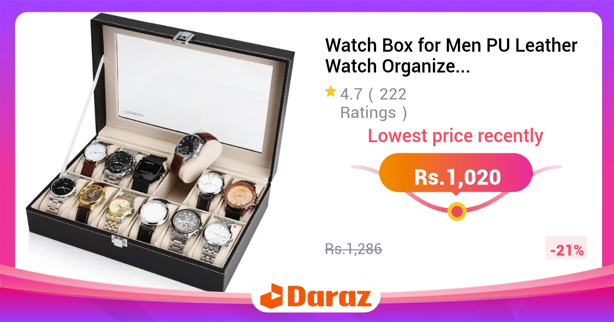 Watch Box for Men - PU Leather Organizer, Holds 12 Watches, Black