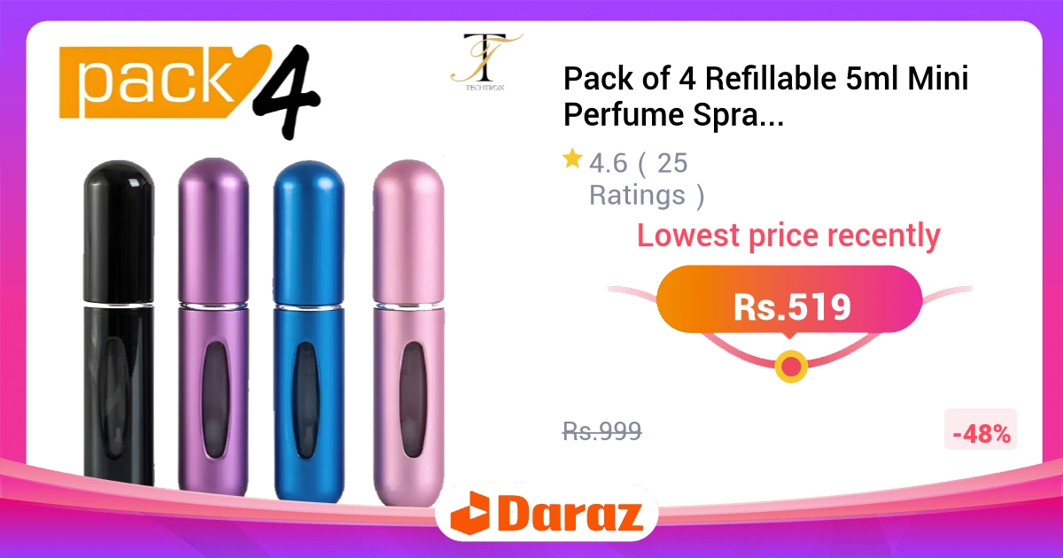 Pack of 4 Refillable 5ml Mini Perfume Spray Bottles - Metal & Plastic Atomizer, Travel Fragrance Refill