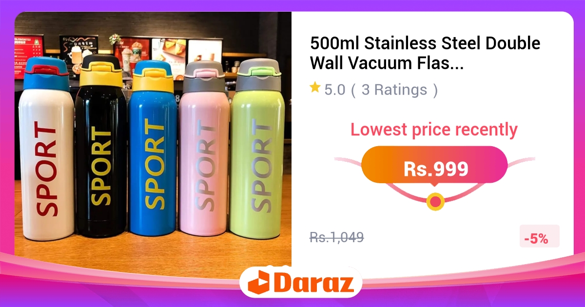 Stainless Steel Vacuum Flask 500ml - Double Wall, Straw Tumbler, Hot n Cold