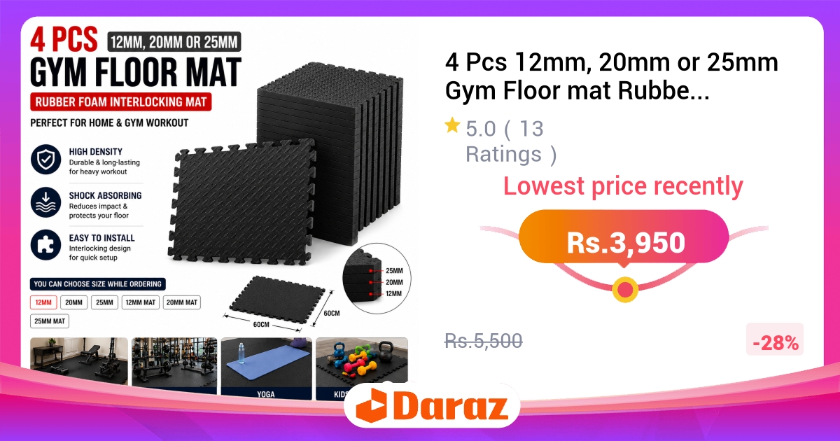 Gym Floor Mat 4 Pcs - Rubber Foam Interlocking Tiles for Home Workout