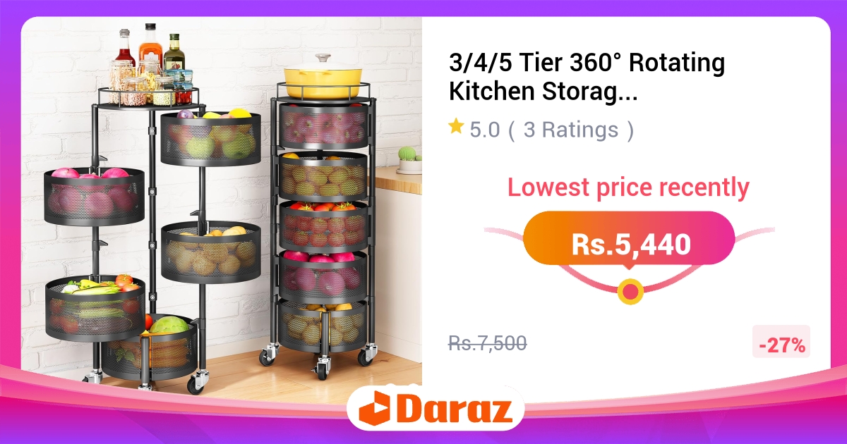 360 Rotating Kitchen Trolley Rack Stainless Steel Baskets