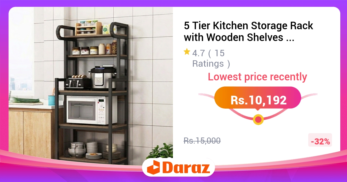 5 Tier Kitchen Storage Rack Wooden Shelves Iron Frame