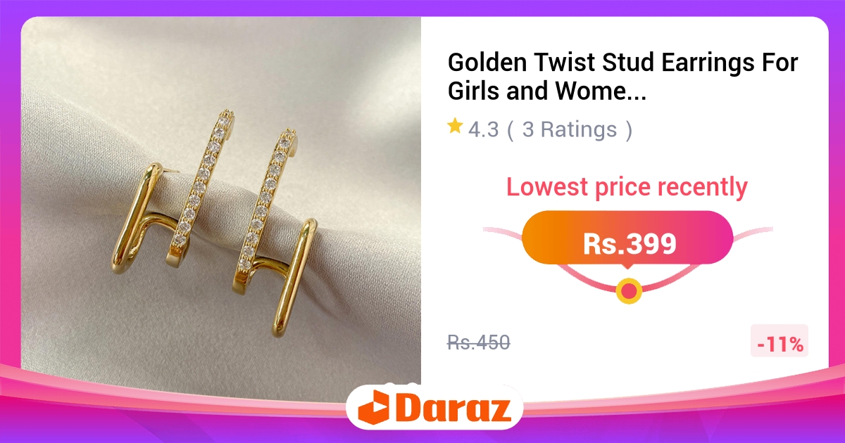 Golden Twist Stud Earrings - Korean Crystal Design for Girls & Women