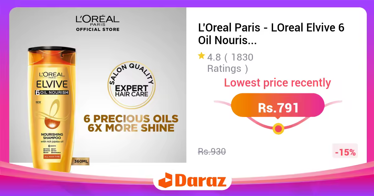 L'Oreal Paris - LOreal Elvive 6 Oil Nourish Shampoo 360 ML For Dull & Dry Hair