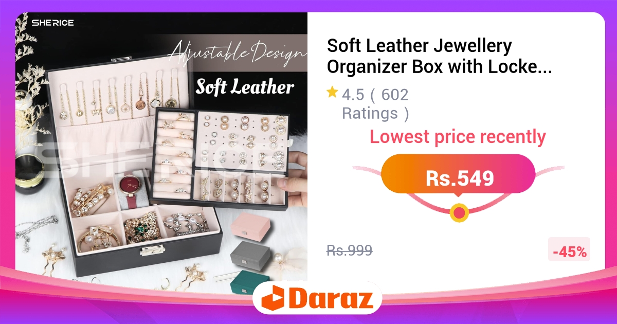 Soft Leather Jewellery Organizer Box with Locker - 2 Layers, Vanity Hanger Stand