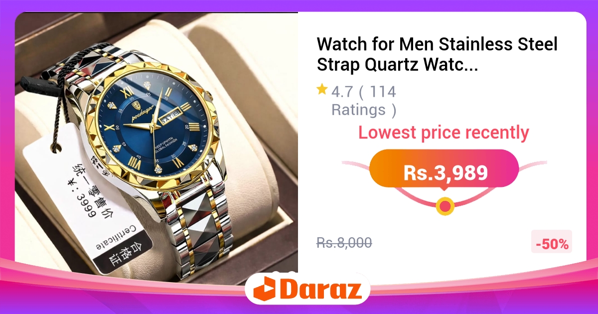 Watch for Men - Gold Steel Strap, Diamond Dial & Calendar