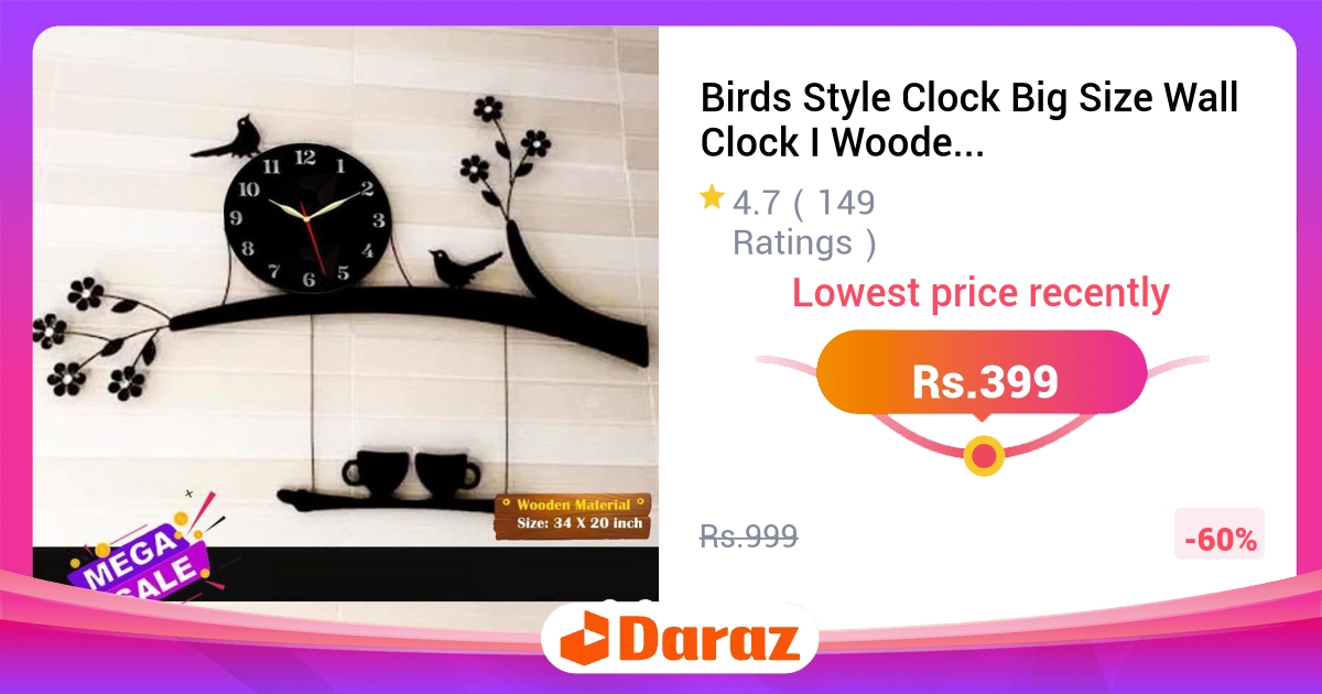 Birds Style Big Wall Clock - Wooden Material, Beautiful for Bedroom