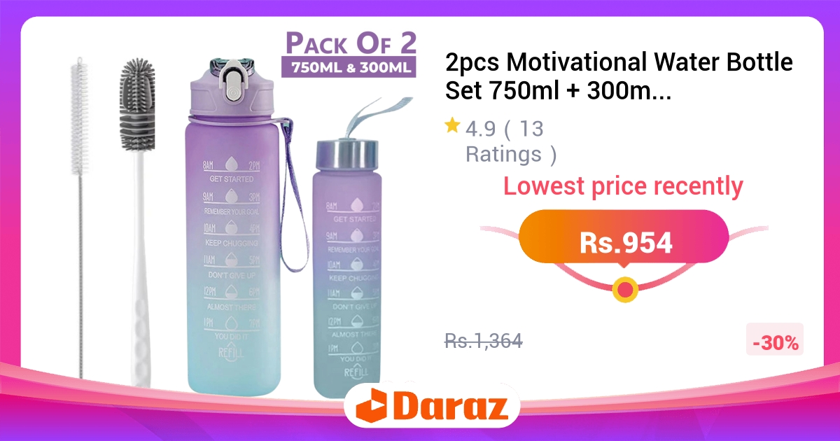 Motivational Water Bottle Set 2pcs 750ml+300ml - Straw, Cleaner, Gradient, BPA Free