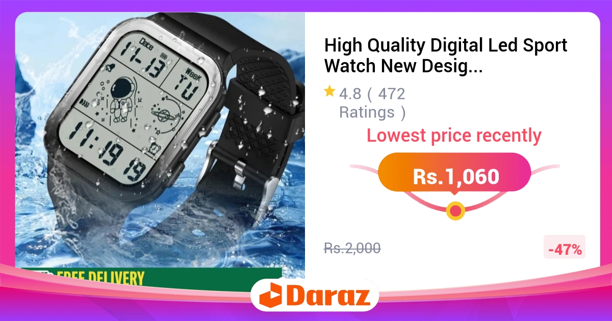 Digital LED Sport Watch for Men - Water Resistant, Alarm Clock, Square Design