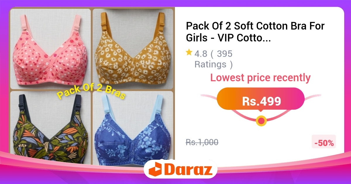 Pack of 2 Soft Cotton Bra for Girls - VIP Quality, Assorted Colors & Design