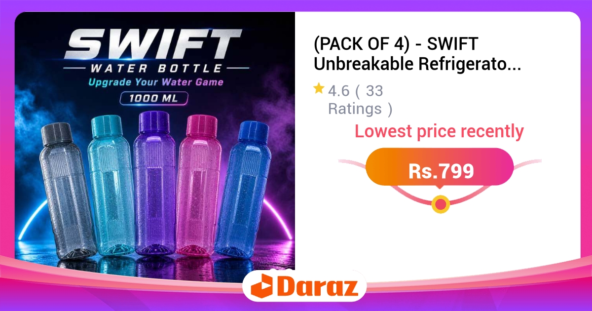 Swift Unbreakable Fridge Water Bottles 1000ml - Pack of 4, Food Grade PET