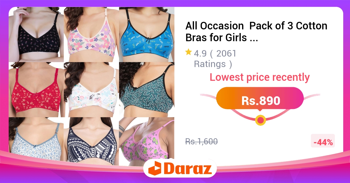 Pack of 3 Cotton Bras for Girls - Comfortable Multicolor, Sizes 32-42