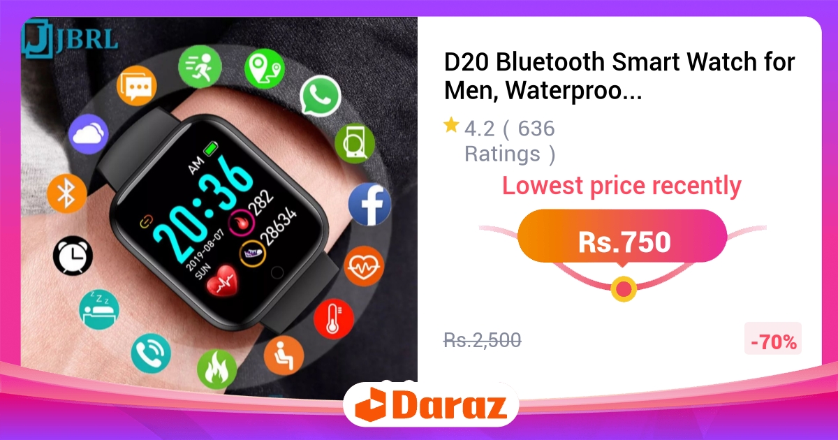 D20 Bluetooth Smart Watch Waterproof Fitness Tracker