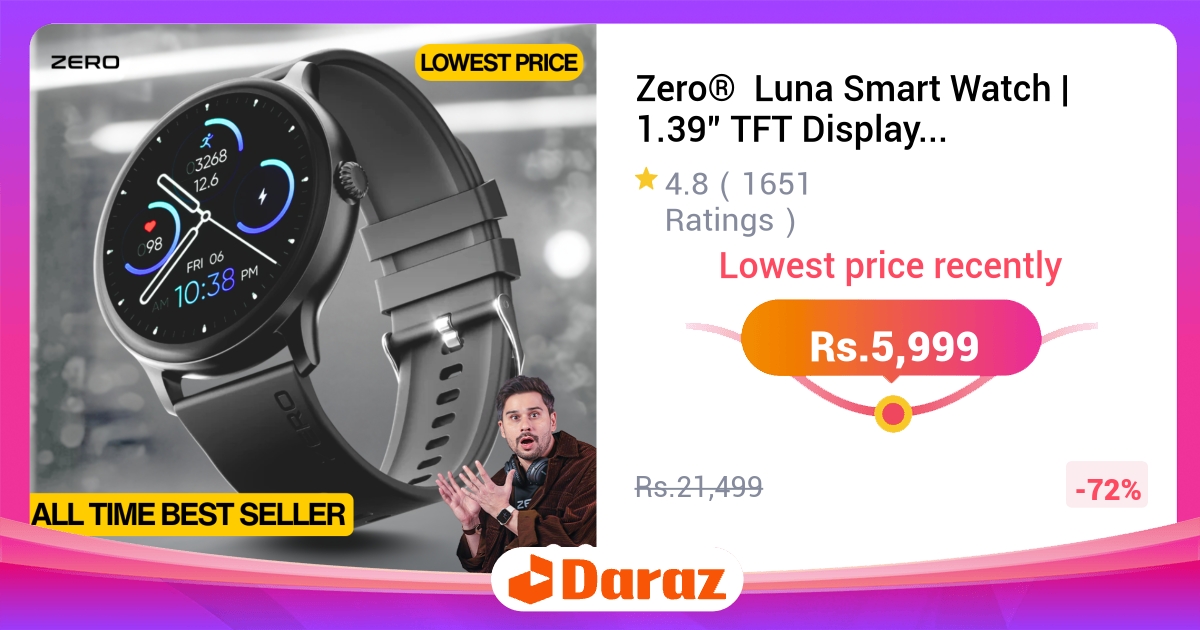 Zero Luna Smart Watch - 1.39" TFT, Calling, 100+ Faces, IP67, SpO2 & Heart Rate