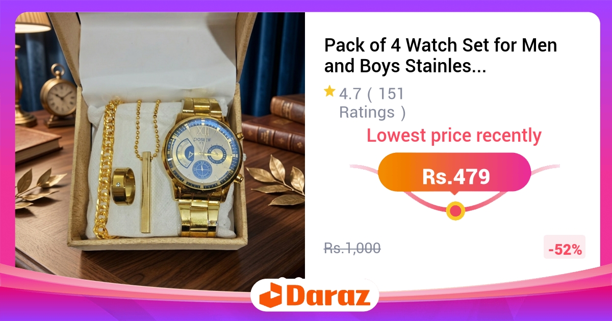 Pack of 4 Watch Set for Men - Stainless Steel Quartz with Bracelet, Ring & Locket