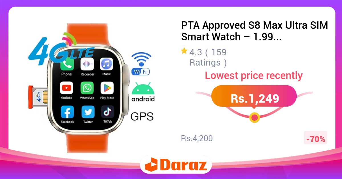 S8 Max Ultra SIM Smart Watch PTA Approved - 1.99" Display, 24 Sports Modes, Waterproof
